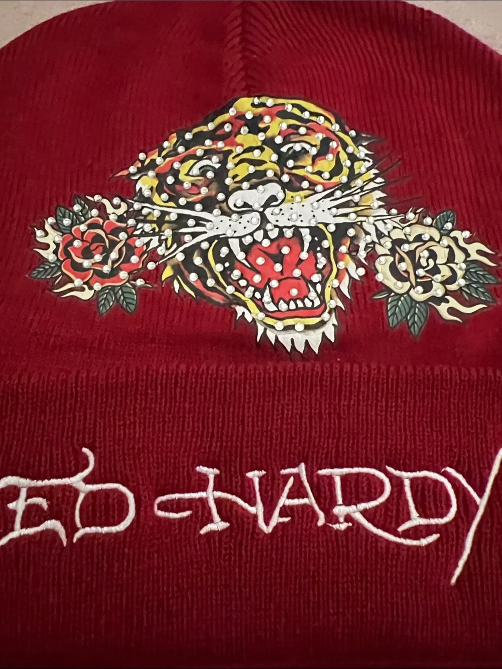 New Ed Hardy Maroon Red Beanie with Embroidered Tiger and Roses